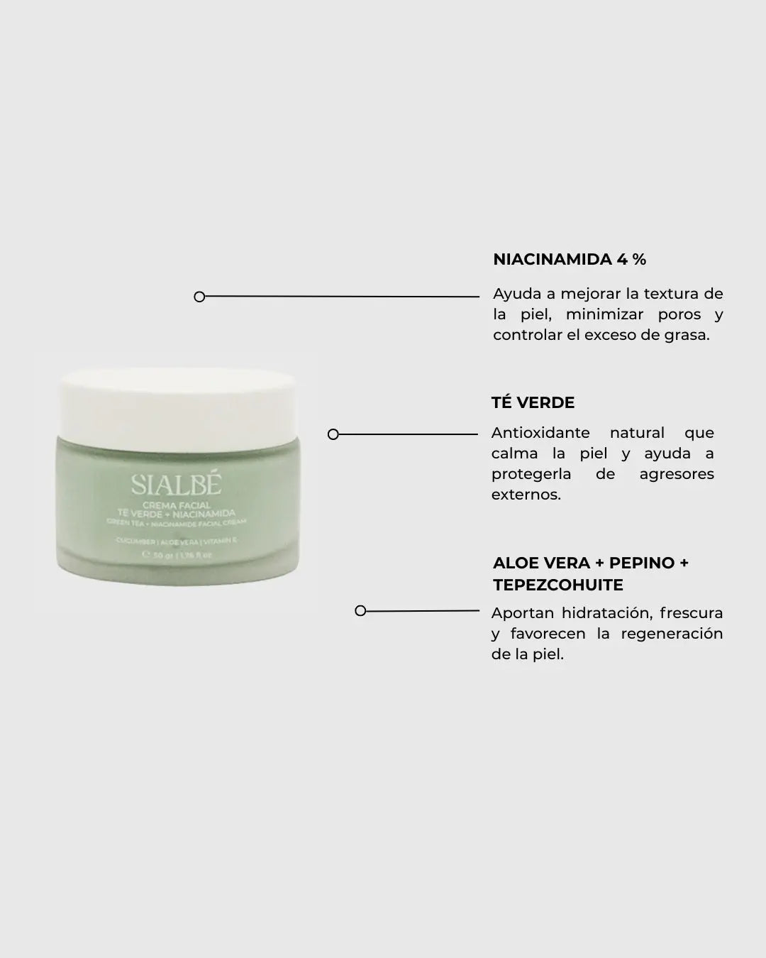 Crema Facial de Té Verde y Niacinamida de SIALBÉ, 50 g: hidrata sin engrasar y regula el sebo, imagen 3