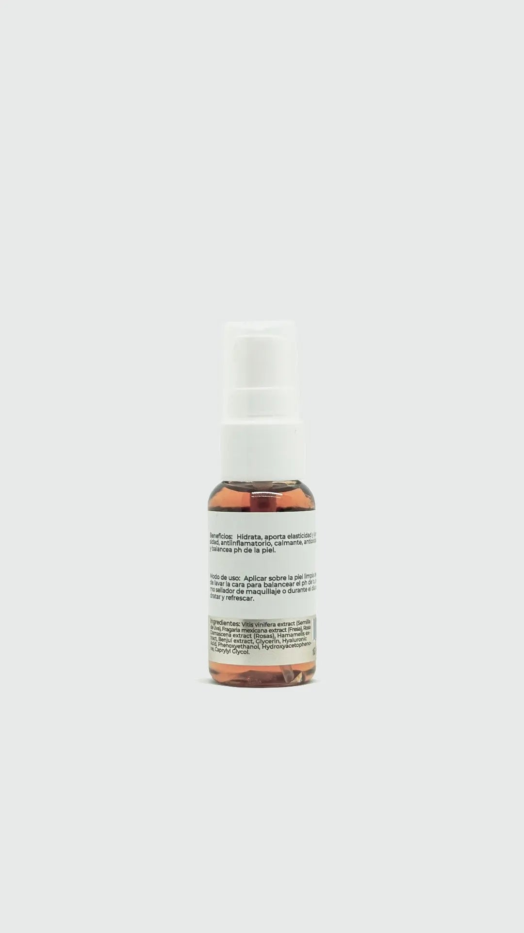 Tónico Facial de Rosas y Ácido Hialurónico de SIALBÉ, tamaño mini de 30 ml, reverso del envase con ingredientes y modo de uso